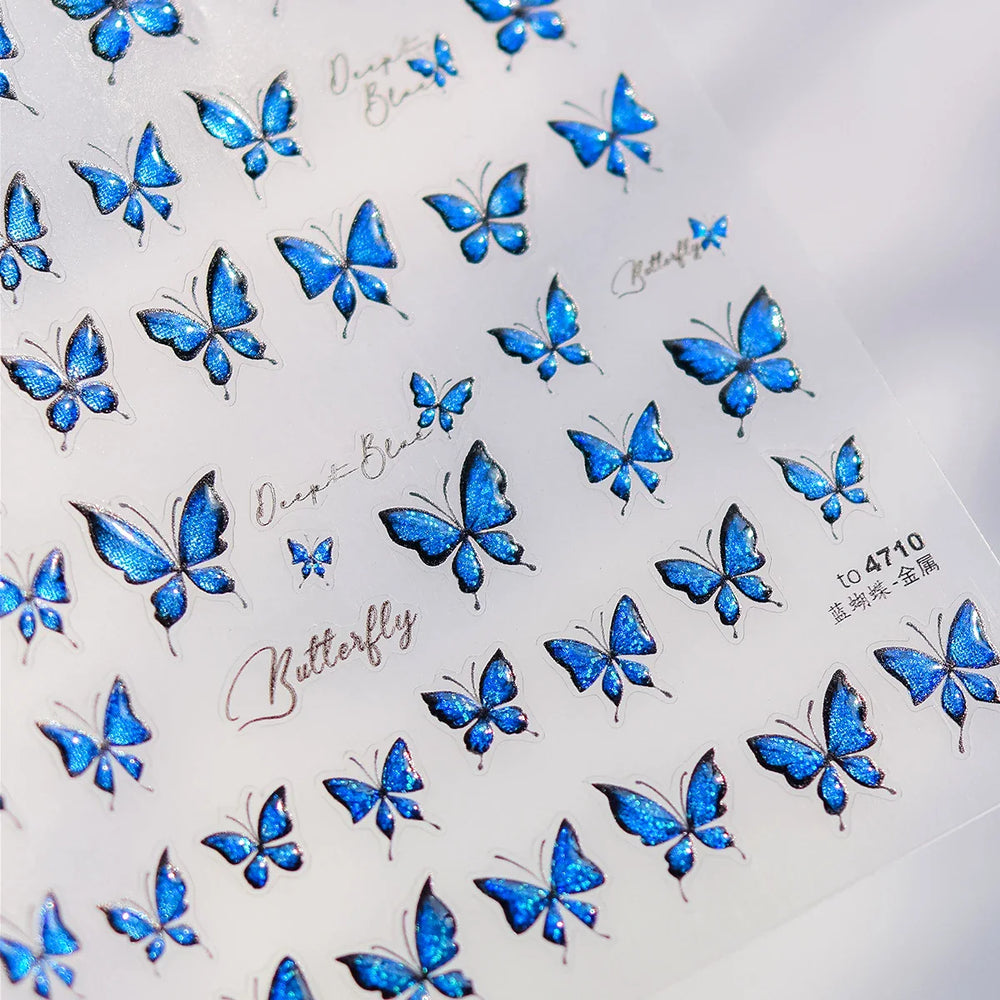 Charming Delicate Sapphire Color Blue Black Stroke Butterfly Jelly Relief Rhinestone Adhesive Nail Art Stickers Manicure Decals (Online Order Only)
