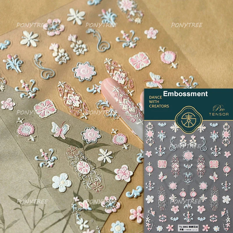 Pink Blue Yellow Embroidery Totems Geometric Floral Pattern Flower 5D Embossed Nail Art Stickers Bohemian Style Manicure Decals (ONLINE ORDER ONLY)