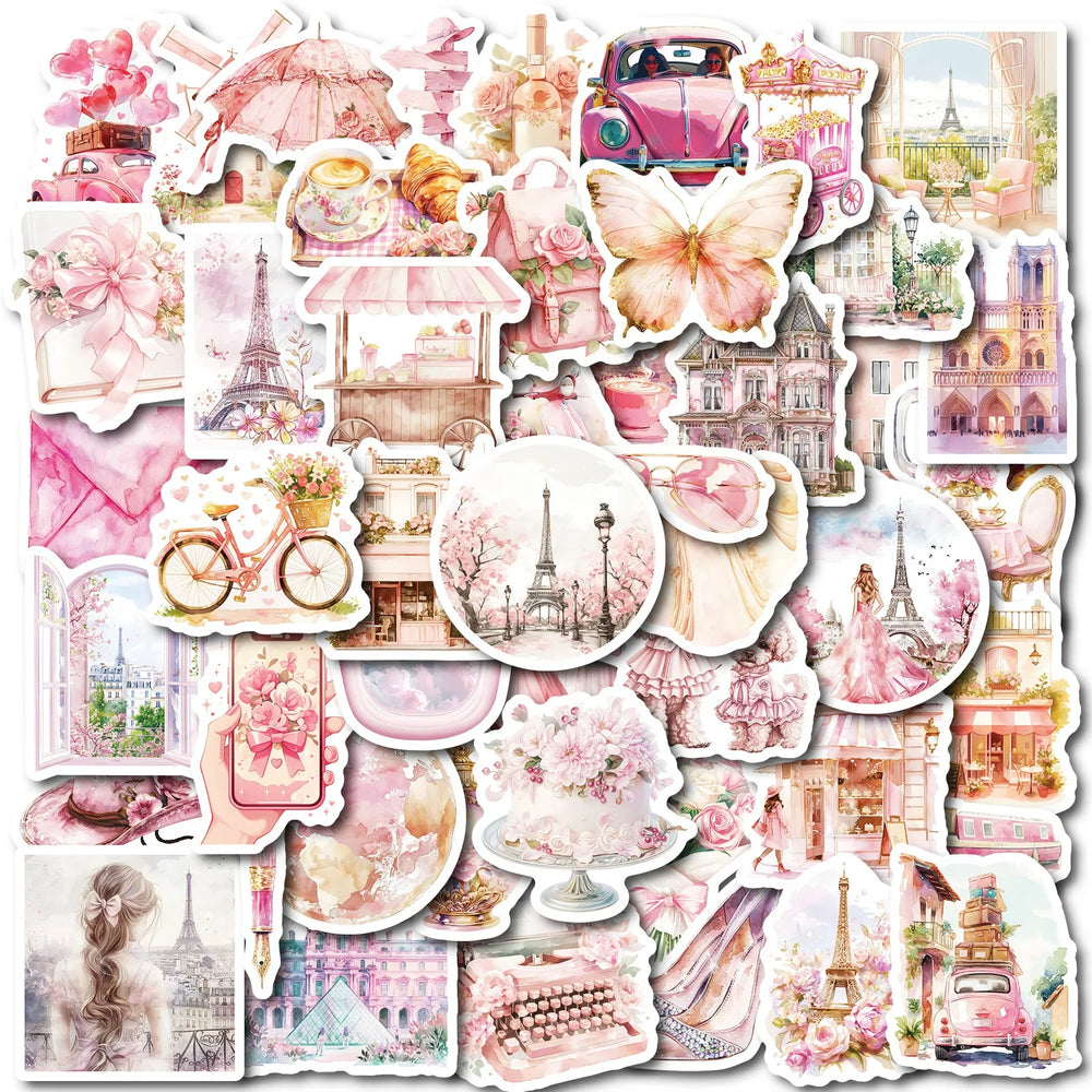 50Pcs Pink Paris Travel Cartoon Stickers for Helmet Wall DIY Decoration (Online Order Only)