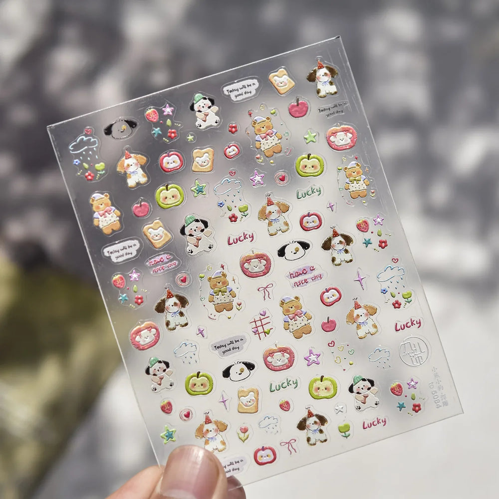 Cute Bear Star Dog Bowknot Love Heart Good Night Bone Bread Flower Self Adhesive Nail Art Decorations Stickers Manicure Decals (Online Order Only)