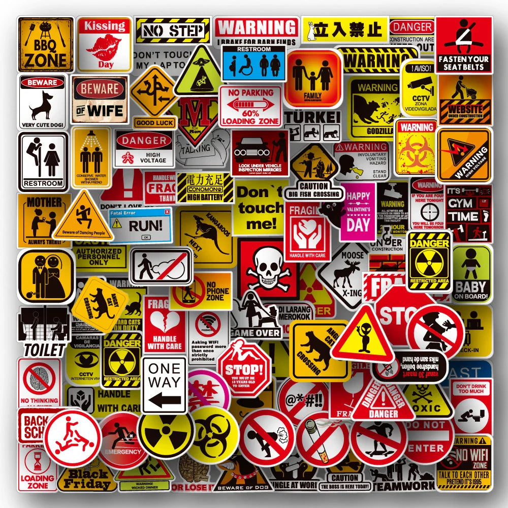 10/30/50/100pcs Funny and Serious Warning and Danger Sticker Packs (Online Order Only)