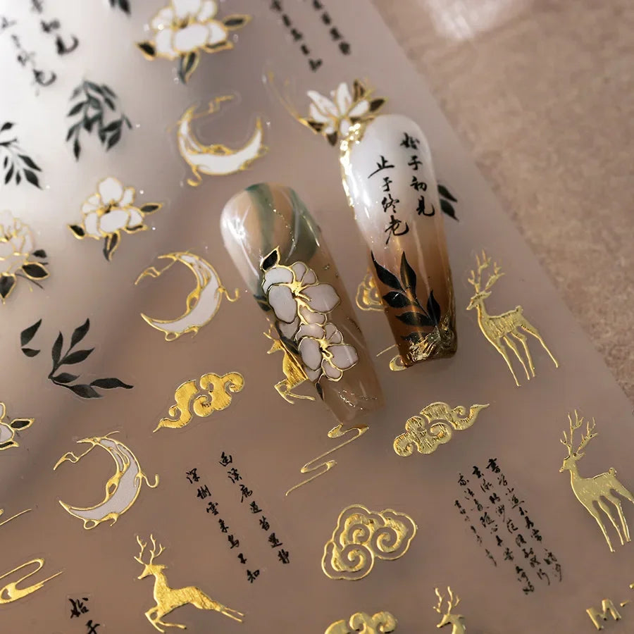 Chinese Style Gold Stamped God Deer Moon Auspicious Clouds Crane Lotus Flower 3D Self-adhesive Nail Art Stickers Manicure Decals (ONLINE ORDER ONLY)