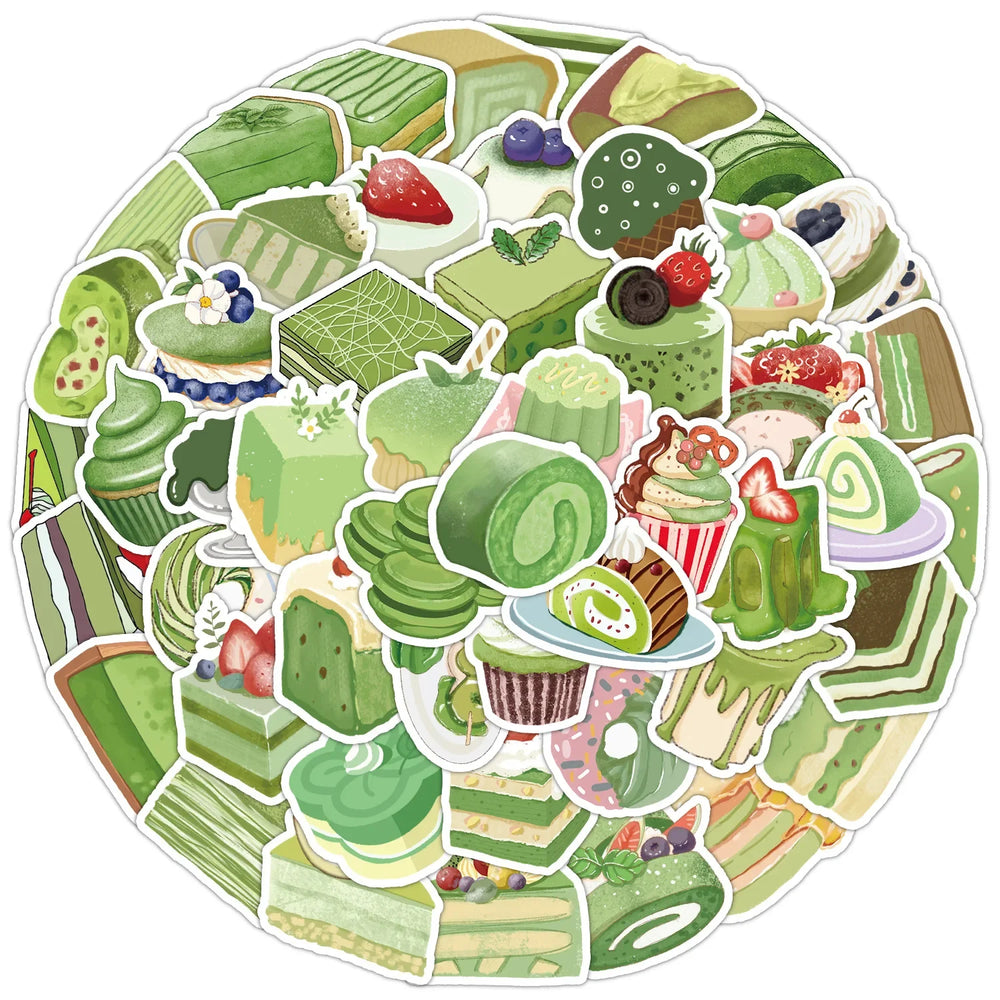 Cartoon Dessert Stickers: Matcha Cake Decals for Fridge, Laptop, Bicycle - Waterproof 10/30/50PCS (Online Order Only)
