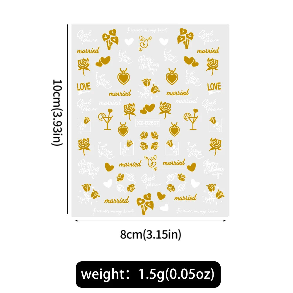 1PC Holographic Laser Heart Nail Stickers-3D Self-Adhesive Golden White Valentines Day Nail Decals For Women Nail Art Decoration (ONLINE ORDER ONLY)
