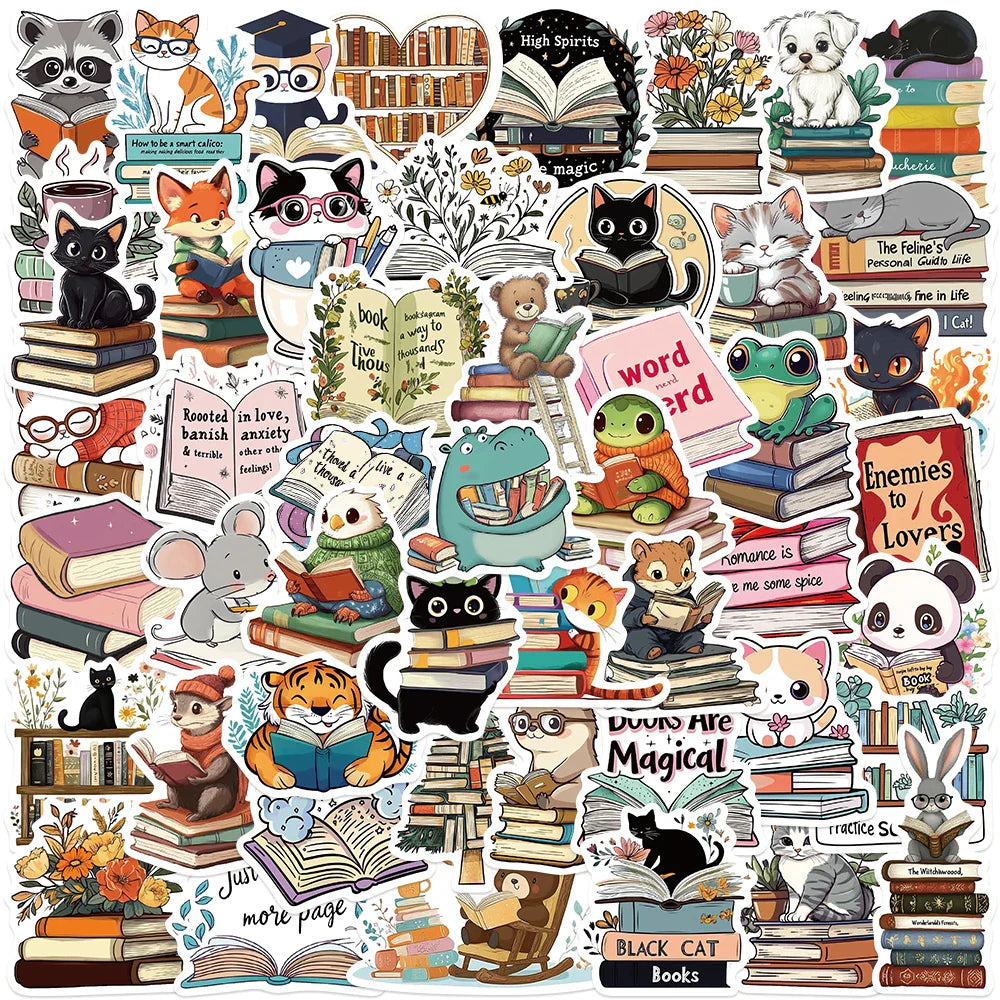 50pcs Retro Aesthetic Cartoon Animals Reading Book Stickers For Luggage Laptop Water Bottle Guitar Waterproof Graffiti Decals (Online Order Only)