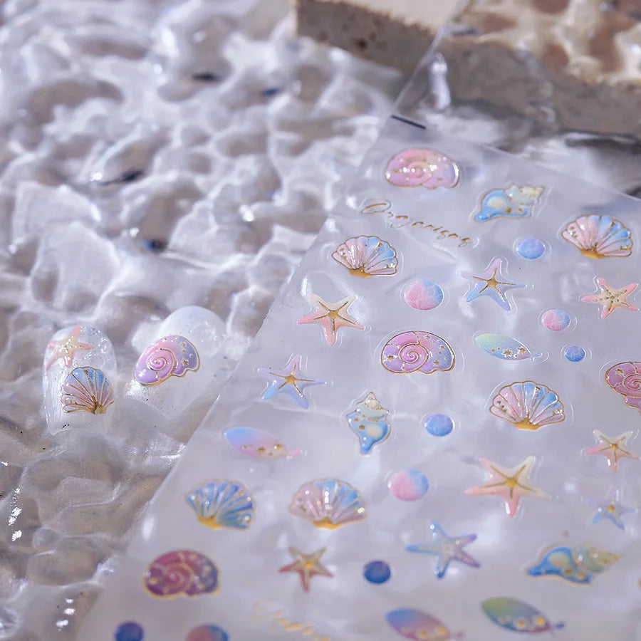 Conch Starfish Shell Beach Fish Star Ocean Colorful Water Bubbles Summer Delicate Self Adhesive Nail Art Stickers Manicure Decal (ONLINE ORDER ONLY)