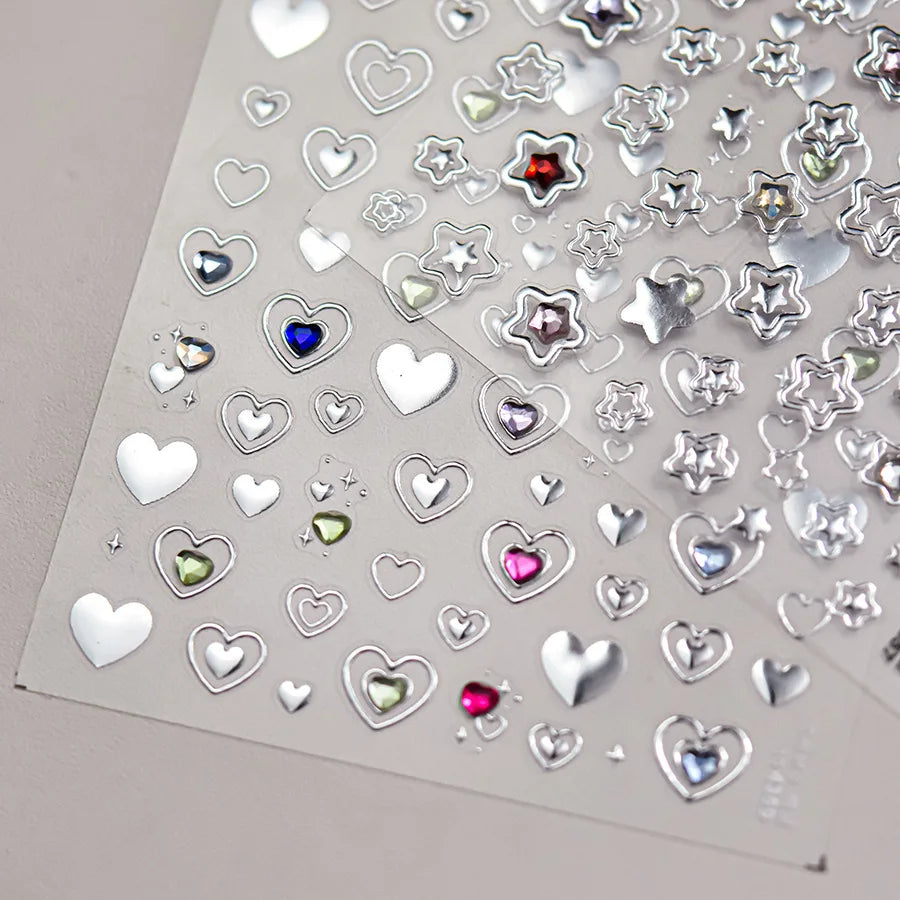 Colored Crystal Star Love Heart Shiny Silver Hollowed Smudging Rainbow Flower Jelly Embossed Nail Art Stickers Manicure Decals (ONLINE ORDER ONLY)