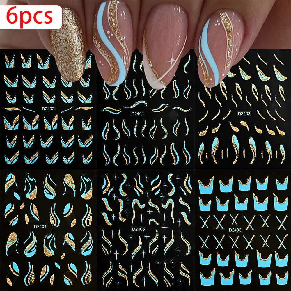 6pcs/Set Blue Gold Glitter French Design 5D Nail Stickers Curve Lines Swirls Wave Nail Sliders Reflective Flakes Decals Manicure (ONLINE ORDER ONLY)