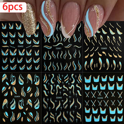 6pcs/Set Blue Gold Glitter French Design 5D Nail Stickers Curve Lines Swirls Wave Nail Sliders Reflective Flakes Decals Manicure (ONLINE ORDER ONLY)