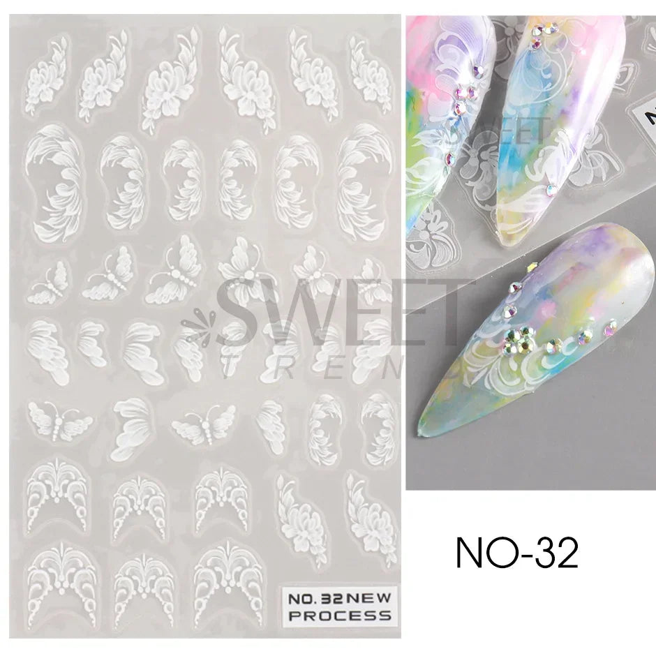 White Lace Flower Nail Art Sticker Acrylic Floral Charm Adhesive Sliders Elegant Wedding Bride Simple Line Design Manicure Decal (Online Order Only)
