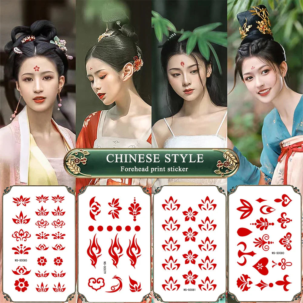 35pcs Eyebrow Flowers Stickers Red Dot Forehead Lotus Stickers Waterproof And Long Lasting Realistic Temporary Tattoo Stickers * (ONLINE ORDER ONLY)