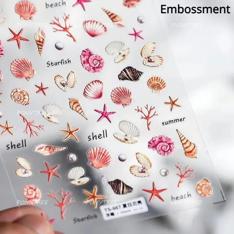 Marine Shell Starfish Ocean Elements Pearl Star Fishing Net Colourful Underwater Organisms 5D Nail Art Stickers Manicure Decals (Online Order Only)