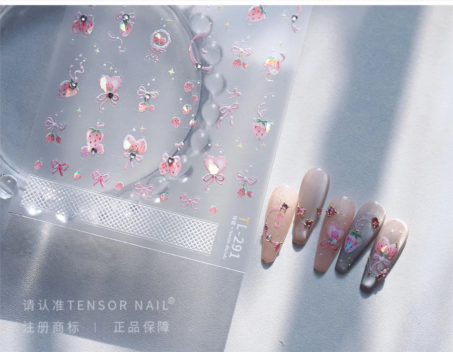 Cute Pink Strawberry Bowknot Star Lesbian Ribbon Fluttering Fruit Rhinestone Relief Adhesive Nail Art Stickers Manicure Decals (ONLINE ORDER ONLY)
