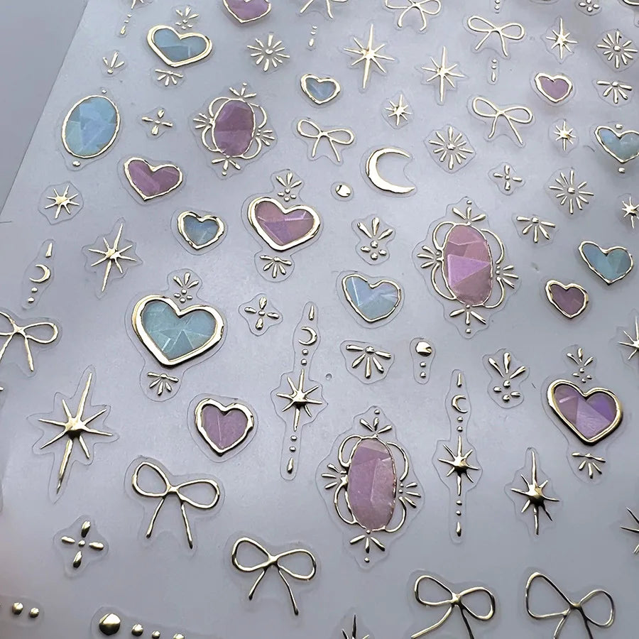 1pcs 5D Shell Light Nail Stickers Fashion Gold Border Love Heart Bowknot Moon Star Art Decal High Quality Manicure Decorations (Online Order Only)