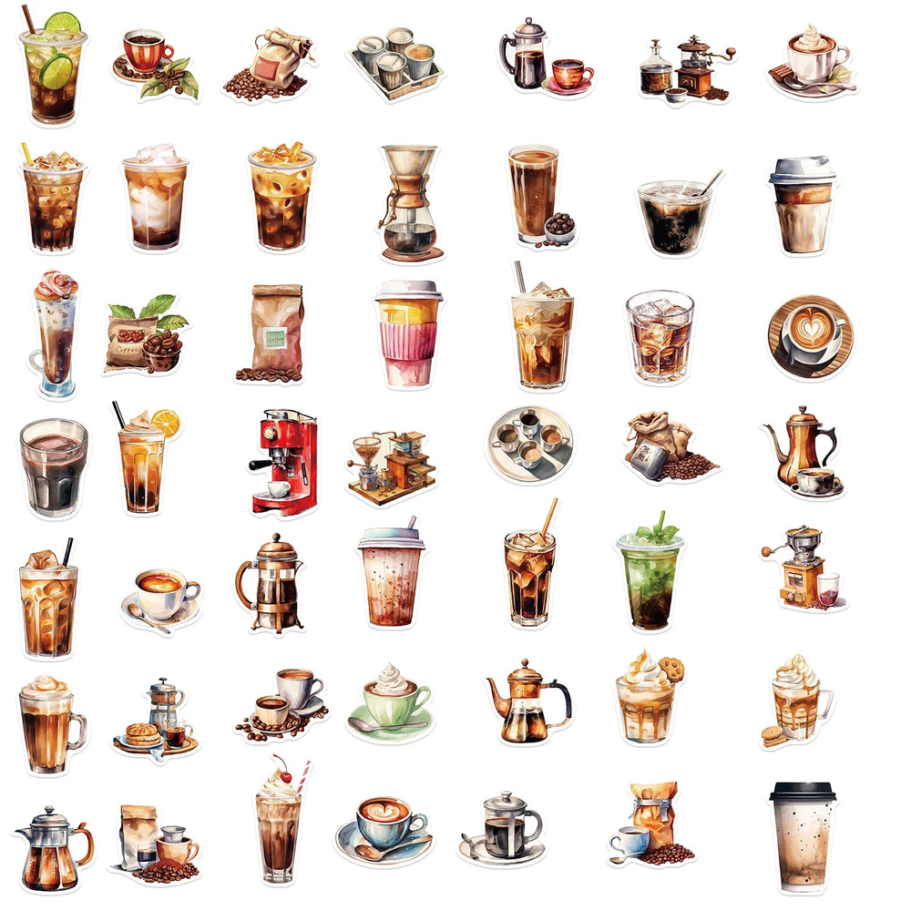 50pcs Cute Cartoon Coffee Lover Stickers Vinyl Laptop Decals For Luggage Water Bottle Notebook Phone Waterproof Graffiti﻿ (ONLINE ORDER ONLY)