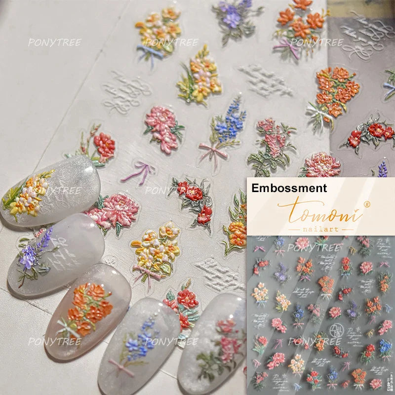 Mountain Daisy Wild Flower Mini Green Leaves White Petal Romantic Embossed Reliefs Adhesive Nail Art Stickers Manicure Decals (ONLINE ORDER ONLY)