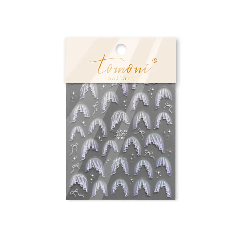 French Skirt Hem Halo Dyeing Purple Pink White Hemline Bowknot Wedding Veil Dreamy Star Adhesive Nail Art Sticker Manicure Decal (ONLINE ORDER ONLY)
