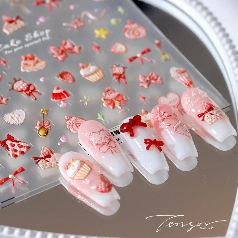 Chic Cute Cheese Ice Cream Pudding Bowknot Strawberry Muffin Stars Cake Embossed Heart Adhesive Nail Art Sticker Manicure Decals (ONLINE ORDER ONLY)