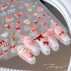 Chic Cute Cheese Ice Cream Pudding Bowknot Strawberry Muffin Stars Cake Embossed Heart Adhesive Nail Art Sticker Manicure Decals (ONLINE ORDER ONLY)