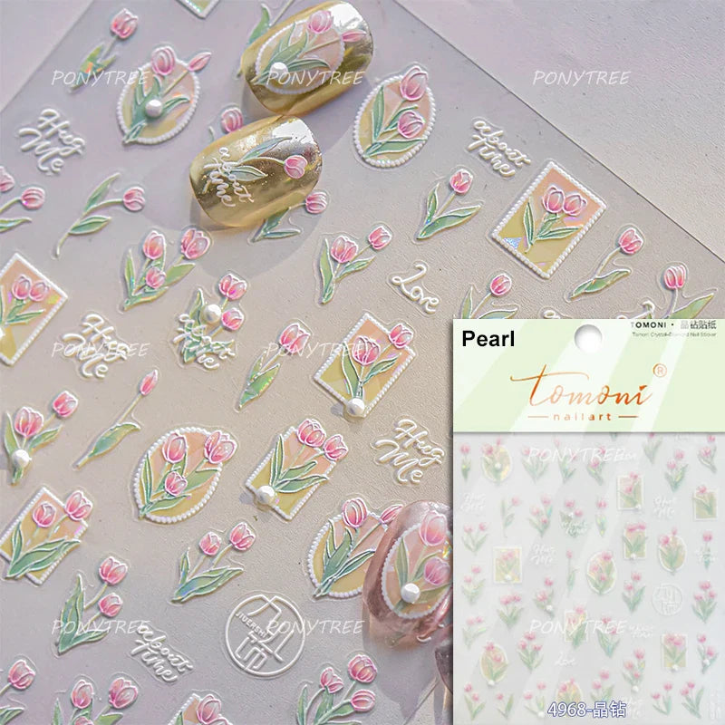 Golden Border Tulip Bloom Flower Bowknot Geometric Frame Metal Workmanship Charming Adhesive Nail Art Sticker Manicure Decals (ONLINE ORDER ONLY)