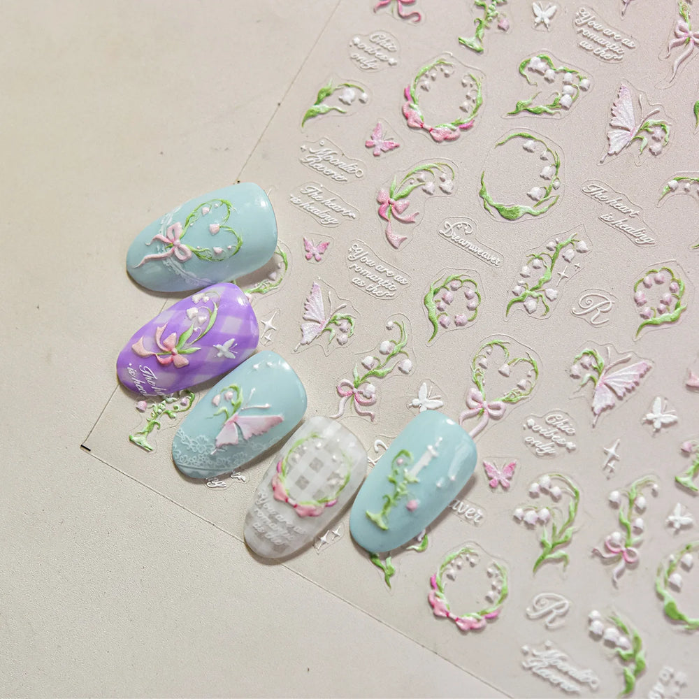 Romantic Lily of The Valley Candle Holder Wreath Bowknot Butterfly Dreamy Adhesive Nail Art Decorations Stickers Manicure Decals (Online Order Only)