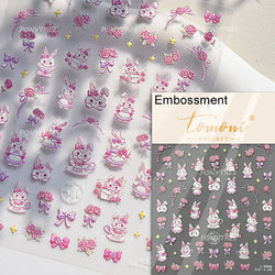 Cute Rabbit Fan Peach Blossom Teacup Lollipop Strawberry Star Cherry Hat Soft Embossed Adhesive Nail Art Stickers Manicure Decal (ONLINE ORDER ONLY)