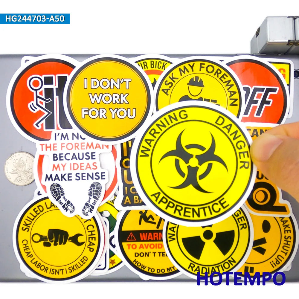 20/30/50Pieces, Warning Stickers, Safety Caution Danger Tips, Humorous Worker Slogan, for DIY Creative Decoration, Funny Sticker (ONLINE ORDER ONLY)