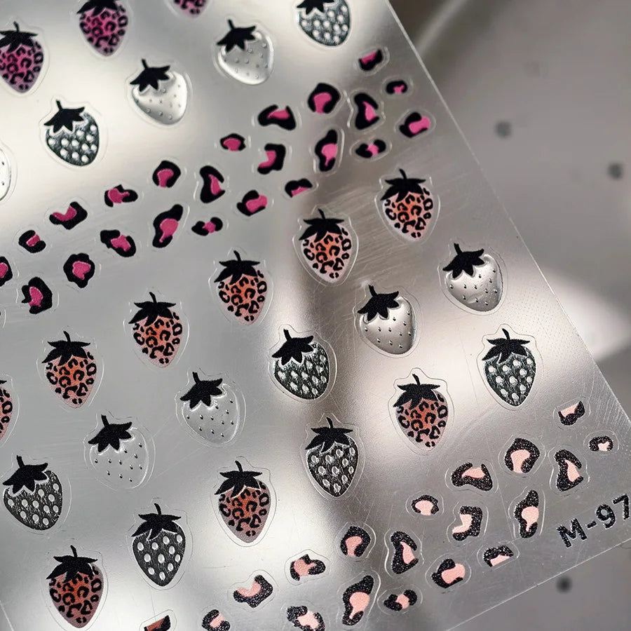 Pink Transparent Strawberry Leopard Print Metal Silver Fruit Lovely Self Adhesive Nail Art Stickers 5D Manicure Decals Wholesale (ONLINE ORDER ONLY)