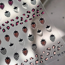 Pink Transparent Strawberry Leopard Print Metal Silver Fruit Lovely Self Adhesive Nail Art Stickers 5D Manicure Decals Wholesale (ONLINE ORDER ONLY)