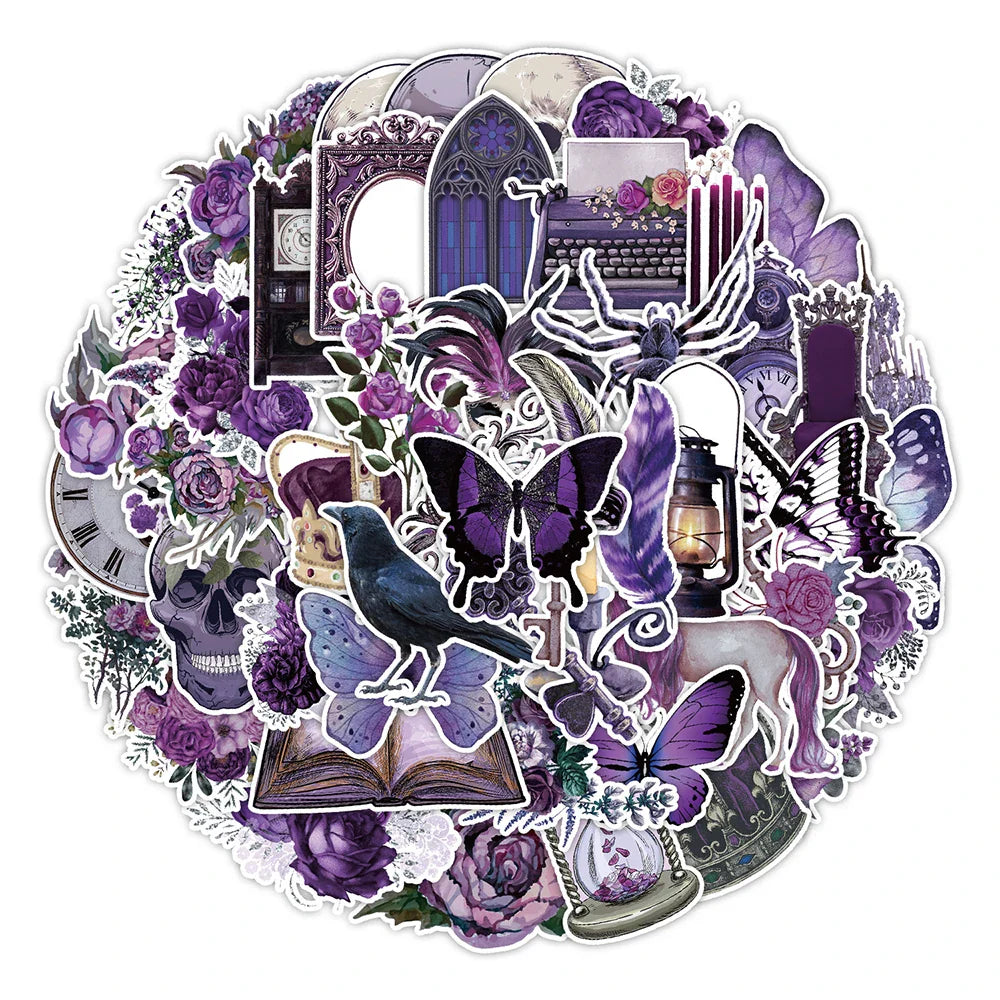 Gothic Purple Skull Flower Stickers 10/30/50pcs - Aesthetic Decals for Notebook, Phone, Suitcase, Car, Motorcycle (Online Order Only)