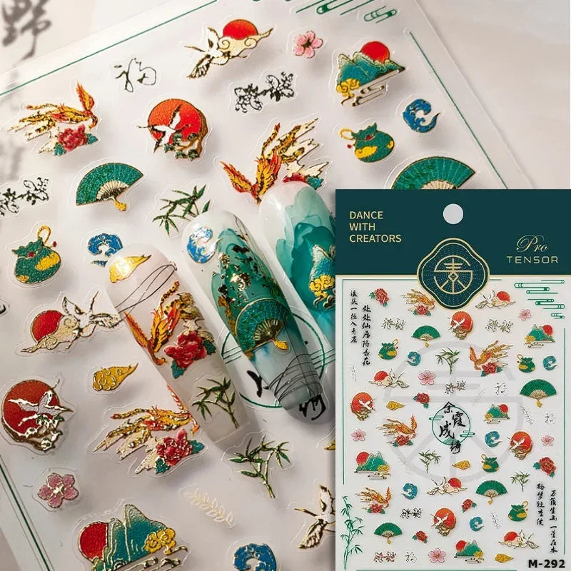 Chinese Style Gold Stamped God Deer Moon Auspicious Clouds Crane Lotus Flower 3D Self-adhesive Nail Art Stickers Manicure Decals (ONLINE ORDER ONLY)