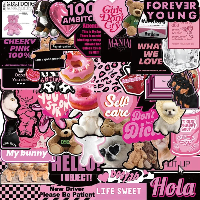 10/30/55PCS Cute Black Pink Word Decoration Scrapbooking PVC Sticker Aesthetic Children's Stationery School Supplies for Kids (Online Order Only)