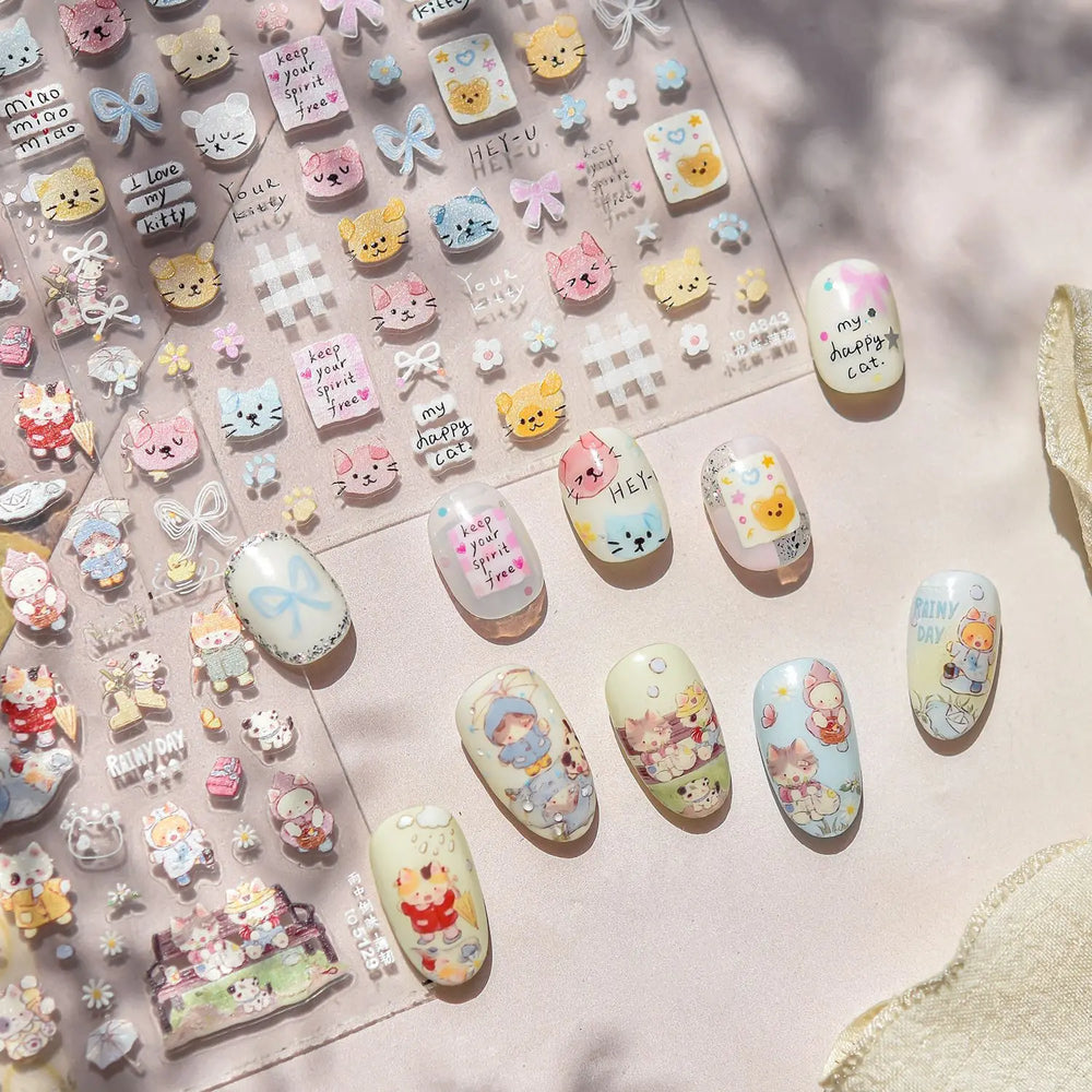 Cute Little Cat Colourful Flower Bowknot Umbrella Rain Boot Paintings Paper Boat Daisy Duckling Nail Art Sticker Manicure Decals (ONLINE ORDER ONLY)