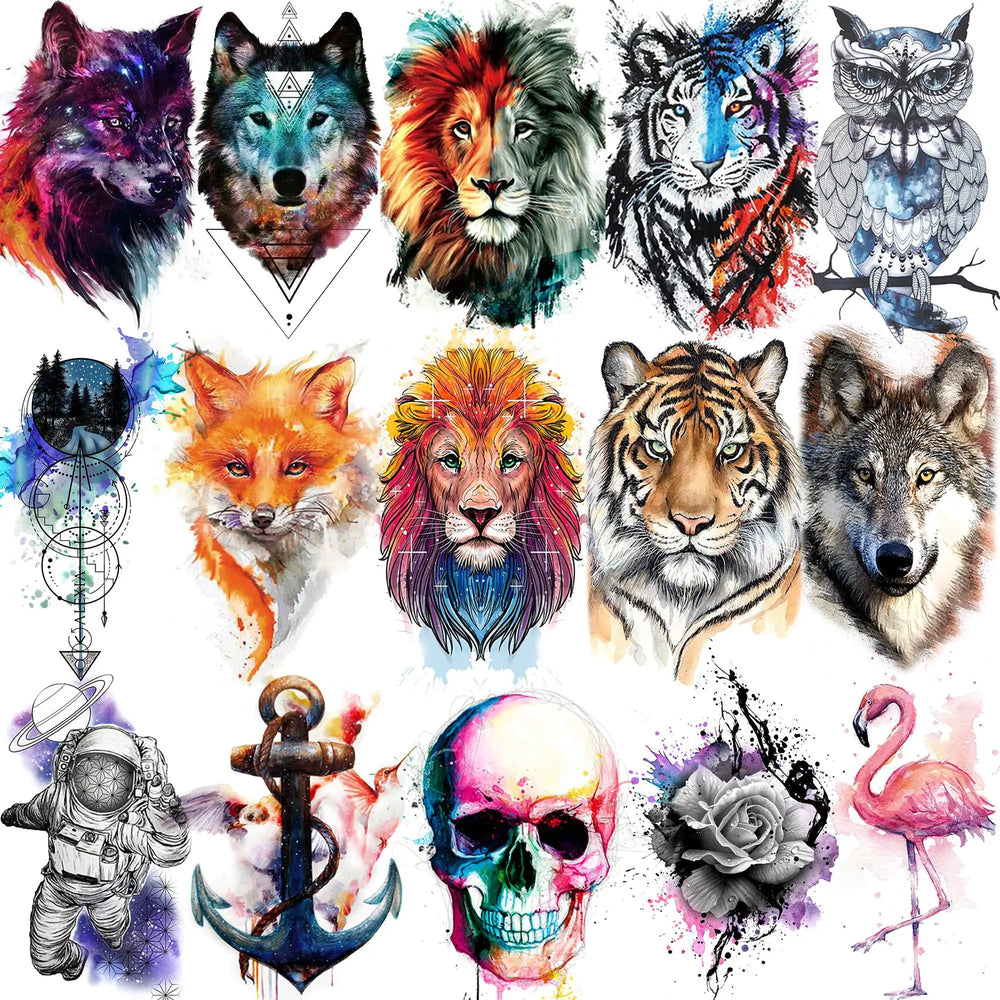 15 Sheets Watercolor Animals Temporary Tattoos For Women Men Adults Arm Neck, 3D Waterproof Fake Lion Wolf Tiger Tattoo Sticker (Online Order Only)