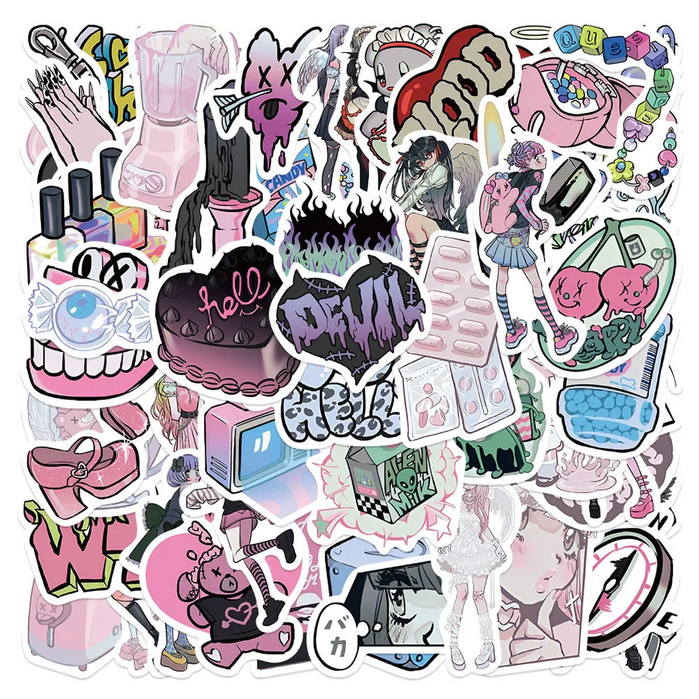 Pink Gothic Cartoon Girl Stickers for Laptop, Phone, Guitar, Scrapbook, Luggage, Car Decoration, Kid Toy - 10/30/60pcs (Online Order Only)