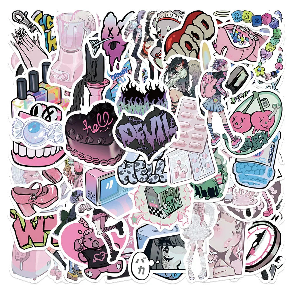 Pink Gothic Cartoon Girl Stickers for Laptop, Phone, Guitar, Scrapbook, Luggage, Car Decoration, Kid Toy - 10/30/60pcs (Online Order Only)