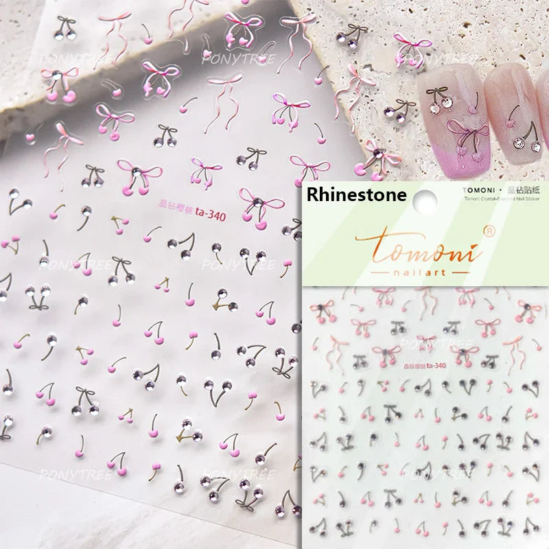 Colourful Cherry Abundant Fruits Bowknot Shiny White Line Outline Self Adhesive Nail Art Stickers Chic Rhinestone Manicure Decal (ONLINE ORDER ONLY)