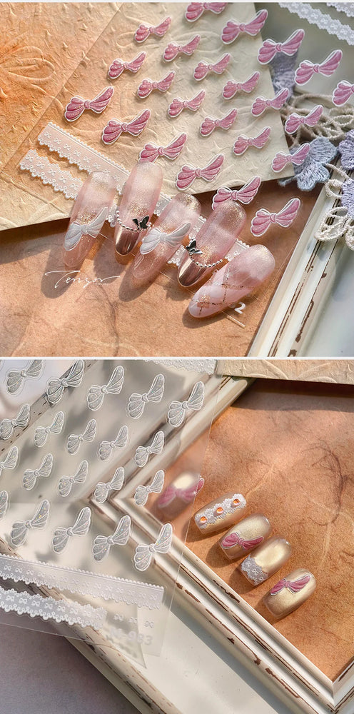 Pink White Bowknot Jelly Knot Lace Delicate Decorative Border Shiny 5D Self Adhesive Nail Art Stickers Manicure Decals Wholesale (Online Order Only)