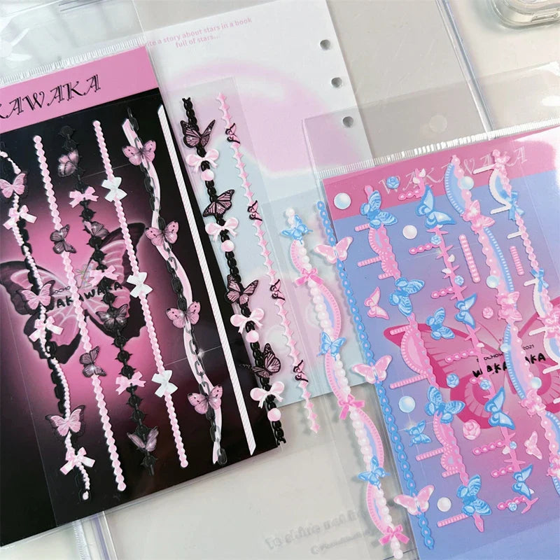 1Pc Korean Ins Butterfly Pearl Chain Sticker Cute Cat Ear Album Decorative Stickers Journal Scrapbooking Kpop Stationery Sticker (Online Order Only)