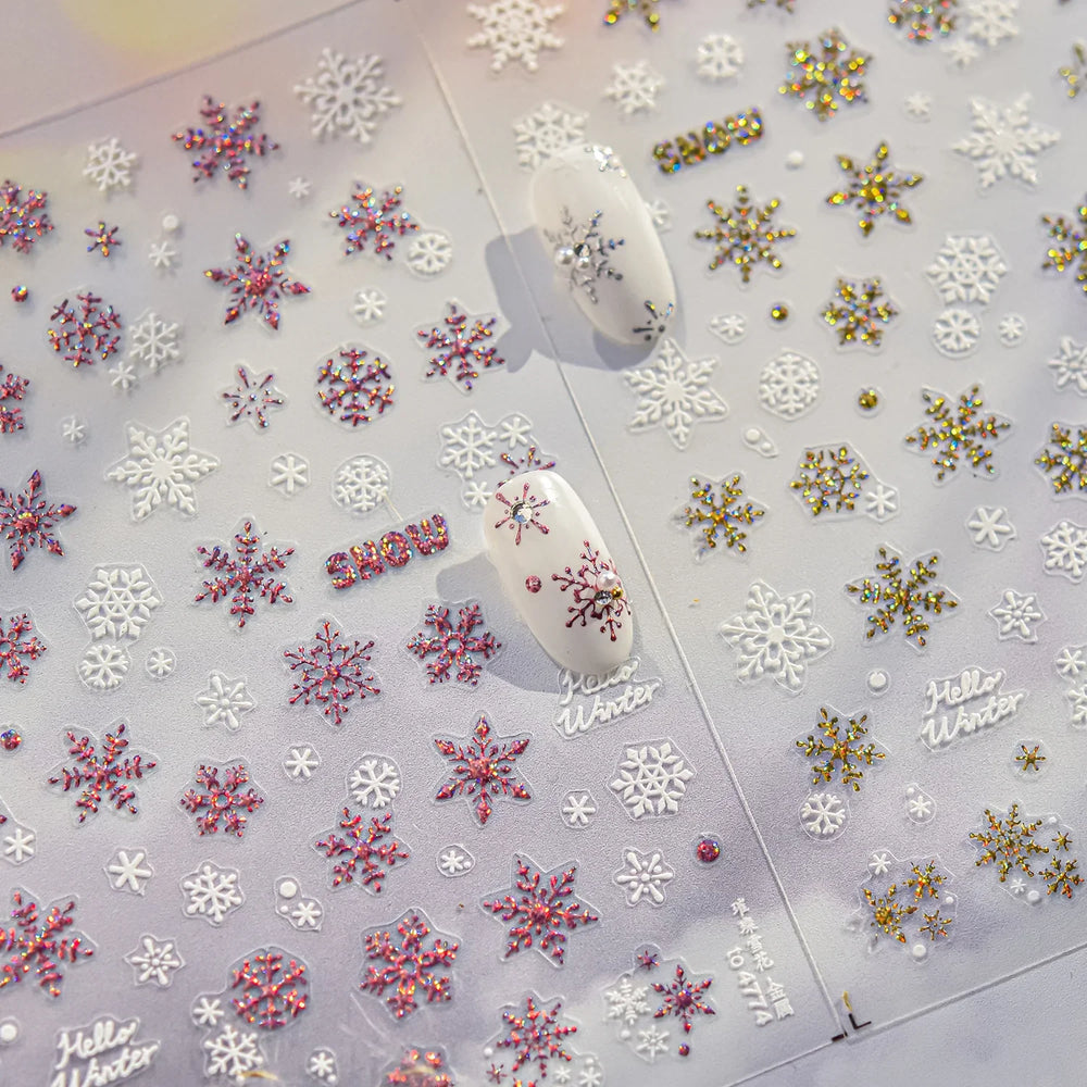 Shiny Snow Delicate Gold Pink Silver White Romantic Winter Self Adhesive Nail Art Stickers Snowflake Rhinestone Manicure Decals (ONLINE ORDER ONLY)