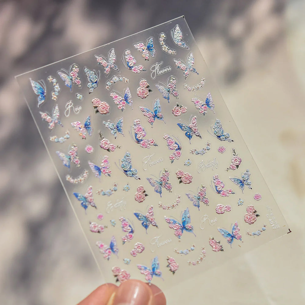 Oil Painting Style Rose Flowers Butterfly Wreath Floral Garland 5D Soft Relief Adhesive Nail Art Sticker Cute 3D Manicure Decals (ONLINE ORDER ONLY)