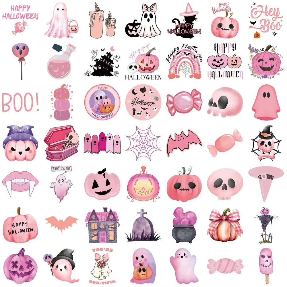 10/50pcs Kawaii Pink Halloween Ghost Skull Pumpkin Stickers Notebook Guitar Skateboard Waterproof Cute Decorative Sticker Toy (ONLINE ORDER ONLY)