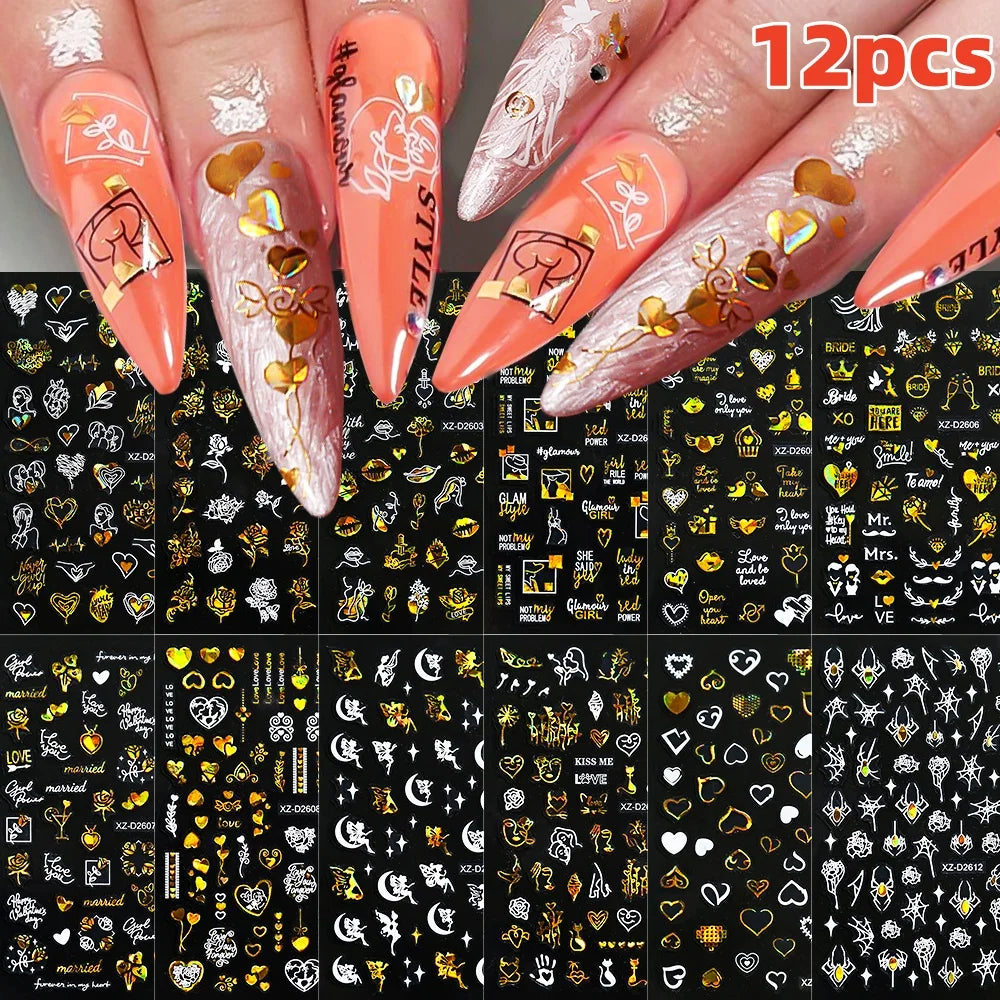 12Pcs 3D Golden Red Glitter Heart Love Nail Sticker Valentine Self Adhesive Cartoon Decal Geometry Lines Stripe Slider Manicure* (ONLINE ORDER ONLY)