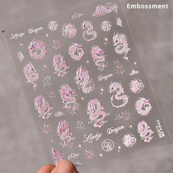 Retro Embroidered Dragon Red Pink Blue White Porcelain Chinese 3D Embossed Relief Self Adhesive Nail Art Stickers Manicure Decal (ONLINE ORDER ONLY)