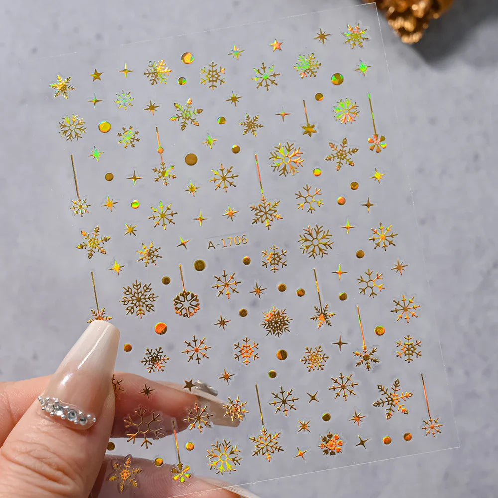 1PCS Laser Gold Snowflake Christmas Tree Nail Sticker 3D Adhesive Nail Decals Nail Art Accessories New Christmas Decoration 2024 (ONLINE ORDER ONLY)