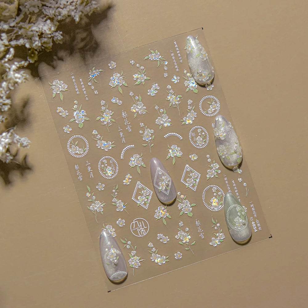 Pink Peach Blossom Flower White Pear Romantic Archaistic Swallow Window Adhesive Nail Art Stickers Rhinestone Manicure Decals (ONLINE ORDER ONLY)