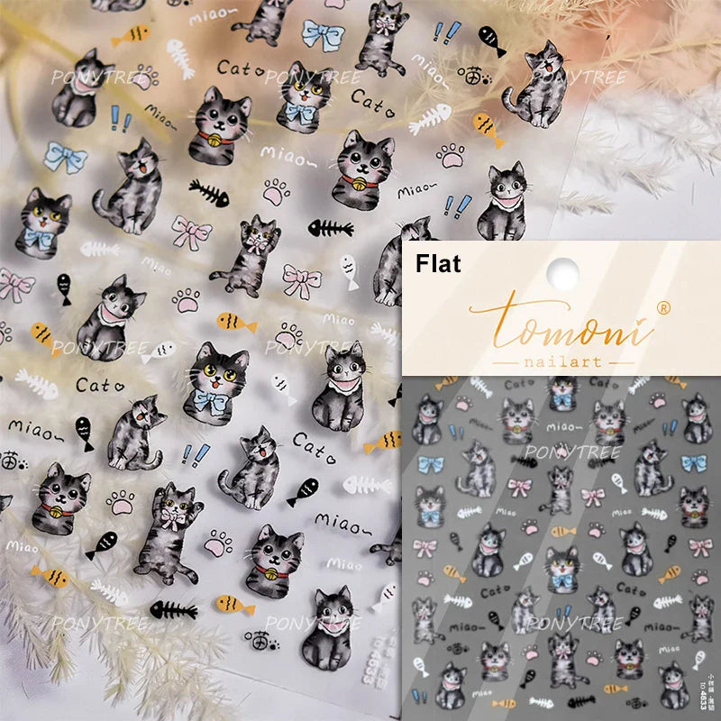 Cat Kitten Rabbit Flower Bouquet Bowknot Vase Bunny Grid Star Blocks Round Warm Sun Decoration Nail Art Stickers Manicure Decals (ONLINE ORDER ONLY)