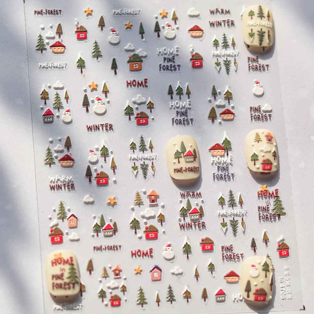 Snowman Tree House Cedar White Pine Forest Warm Winter Cloud Self Adhesive Nail Art Stickers Snowflake Star Snow Manicure Decals (ONLINE ORDER ONLY)