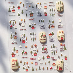 Snowman Tree House Cedar White Pine Forest Warm Winter Cloud Self Adhesive Nail Art Stickers Snowflake Star Snow Manicure Decals (ONLINE ORDER ONLY)