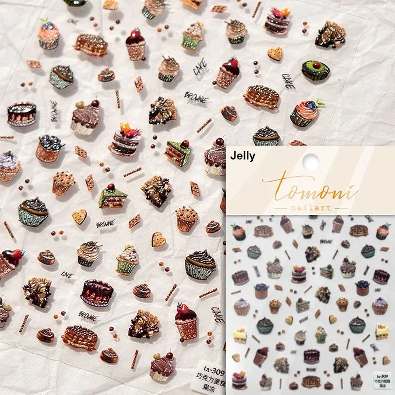 Chic Cute Cheese Ice Cream Pudding Bowknot Strawberry Muffin Stars Cake Embossed Heart Adhesive Nail Art Sticker Manicure Decals (ONLINE ORDER ONLY)